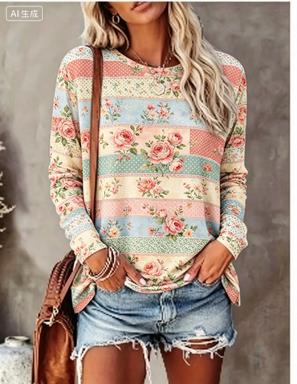 T-Shirts - Damen Langarm-T-Shirt mit Pastellfarbenem Patchwork-Hortensien-Blumendruck, Rundhalsausschnitt,