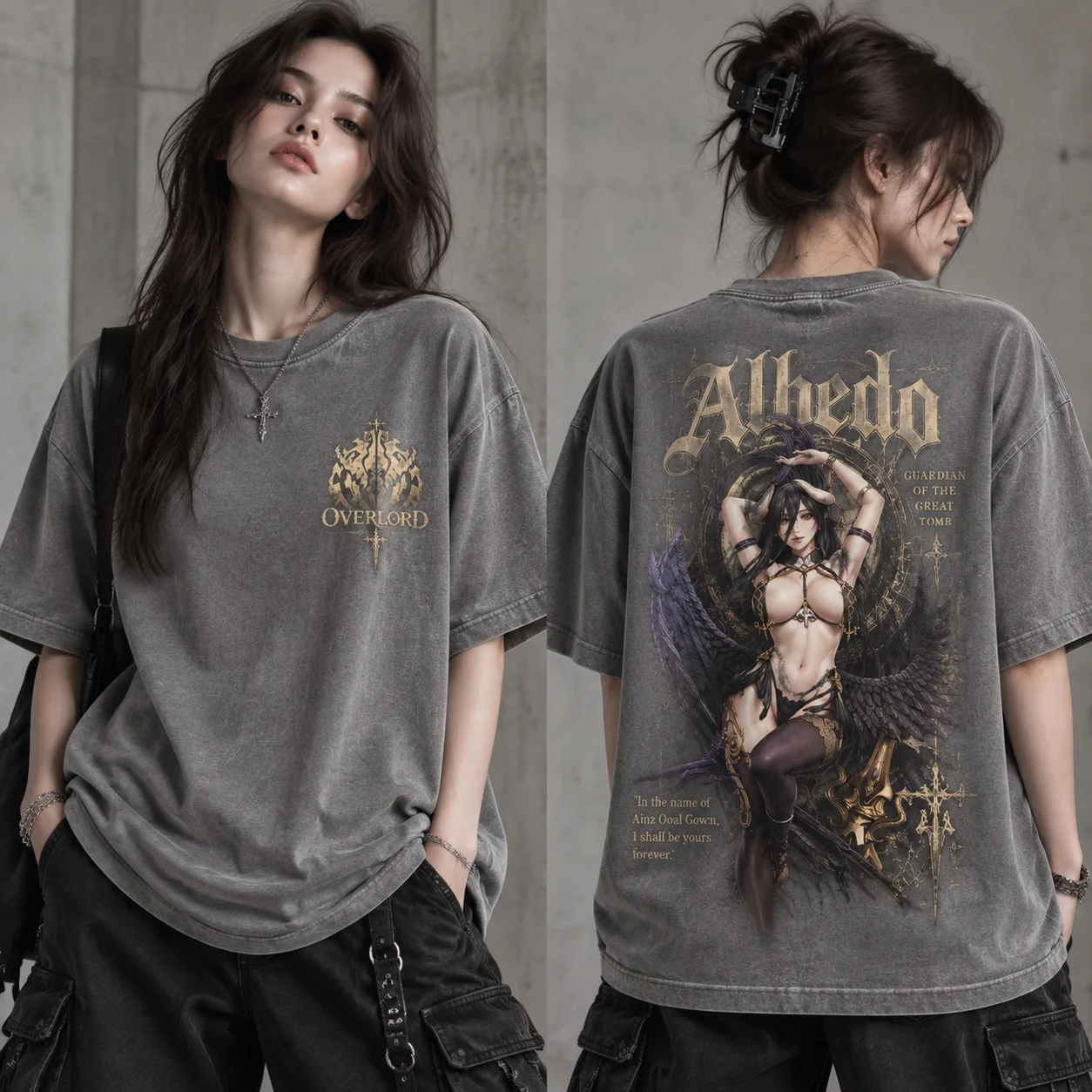 Acid Wash Vintage Graphic T Shirt - Albedo Overlord Grafik-T-Shirt, doppelseitiges Vintage-Acid-Wash-Oversize-T-Shirt, Gothic